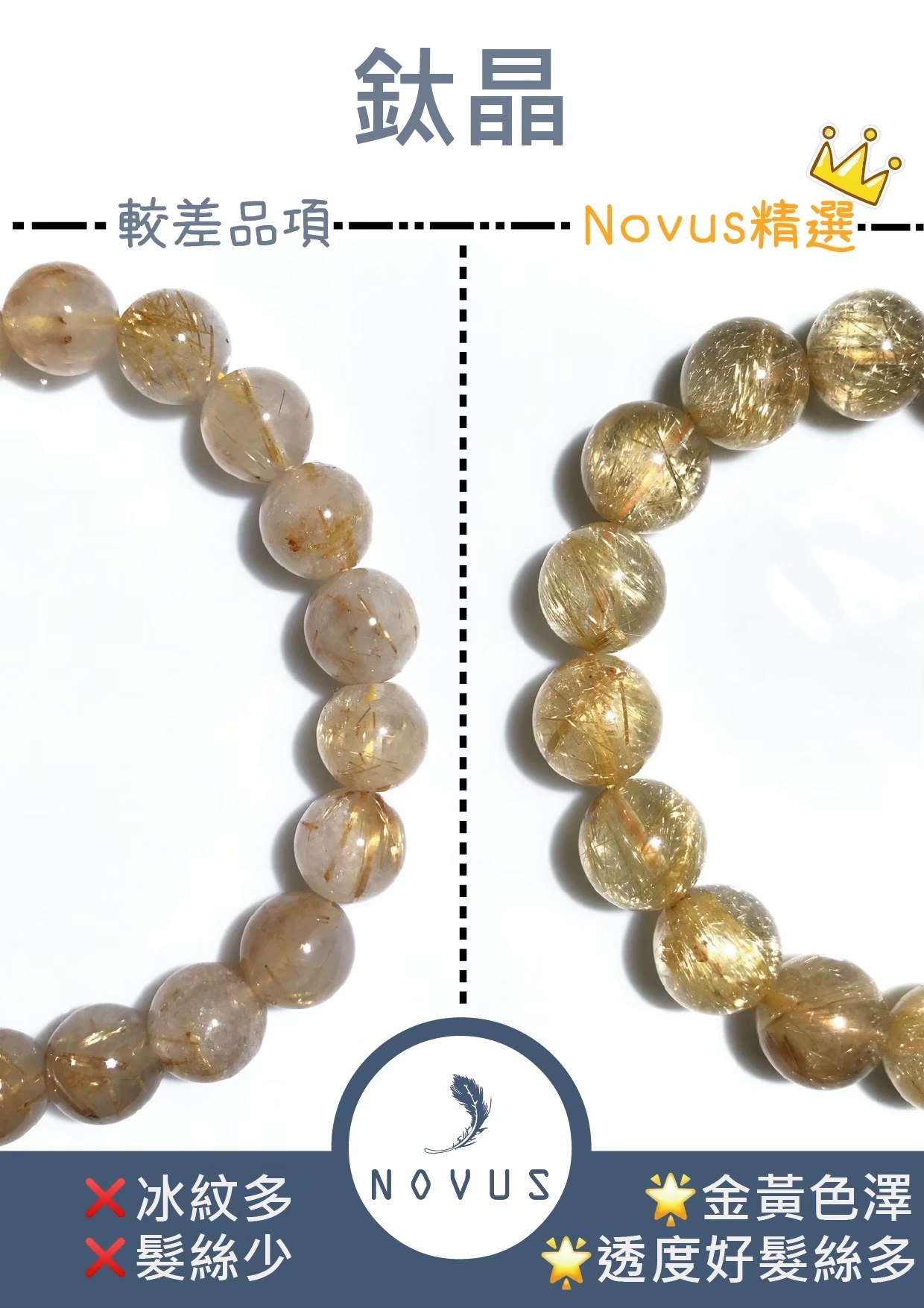 鈦晶的好壞對照:左邊冰紋多、髮絲少,右邊金黃色澤、透度好髮絲多