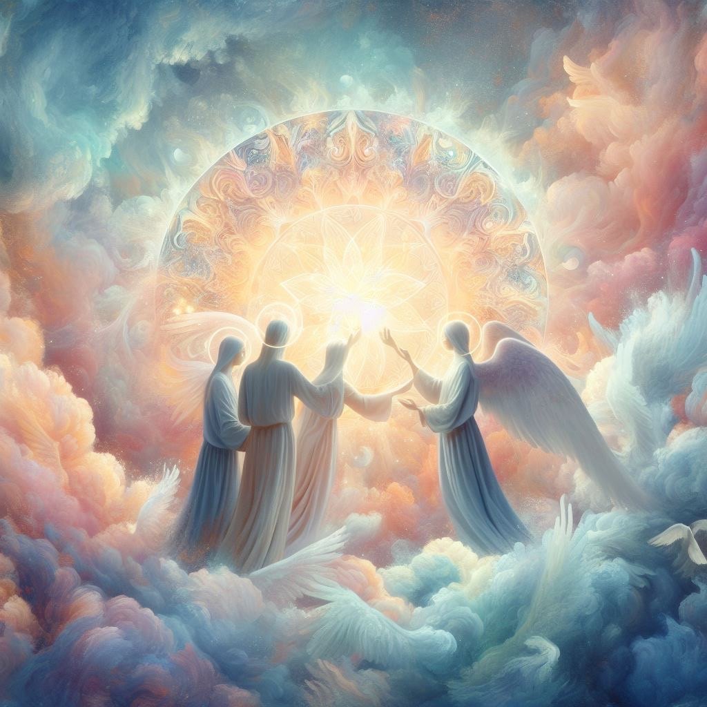 貴人的意象：雲層之上，幾位身影朝著中央的光互相伸手